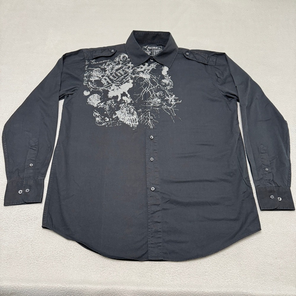 Avirex Button Down Shirt Mens L Black Graphic Cross Cotton Long Sleeve Epaulets